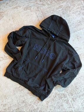 HUGO Black Hoodie with Navy Logo Stitching